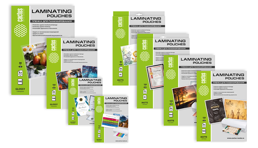 Матовые пленки для ламинирования разных форматов и плотностей, по 100 и 25 листов